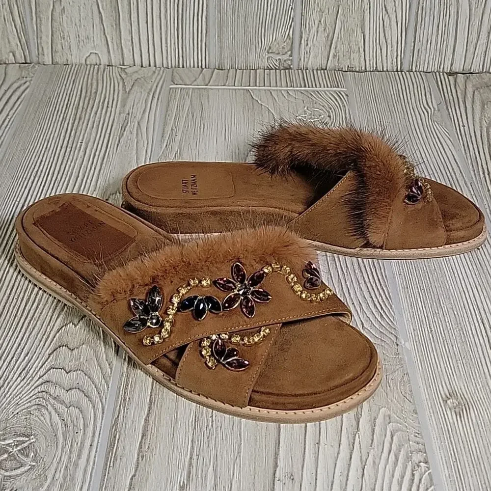 Stuart Weitzman Brown Nomedeplume Suede Mink Fur Jewel Sandal Womens 5.5 NEW